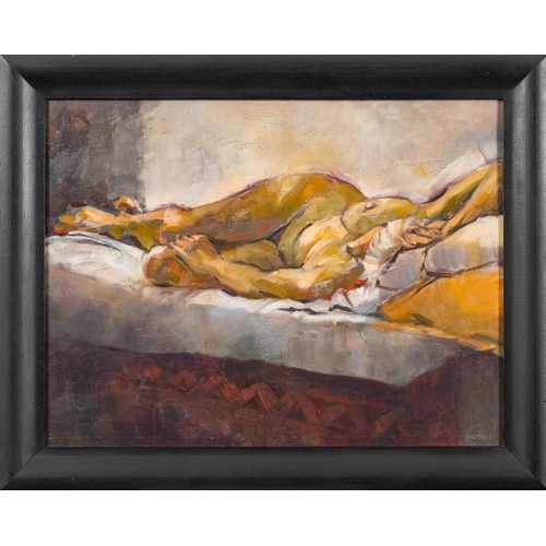 23 - * June Arnold [Contemporary]- Reclining nude,:- signed, oil on board, 47 x 61cm.