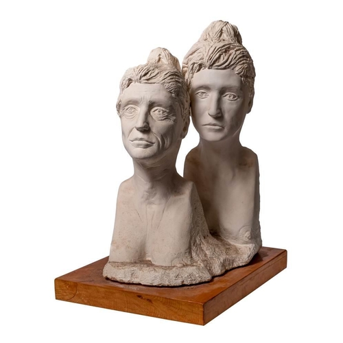 249 - * Dr Am Afifi (1949-2019). A plaster group of two females: raised on a wooden plinth, 72cm high.