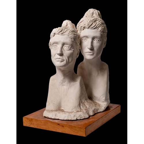 249 - * Dr Am Afifi (1949-2019). A plaster group of two females: raised on a wooden plinth, 72cm high.