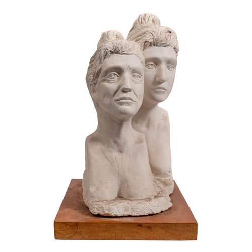 249 - * Dr Am Afifi (1949-2019). A plaster group of two females: raised on a wooden plinth, 72cm high.