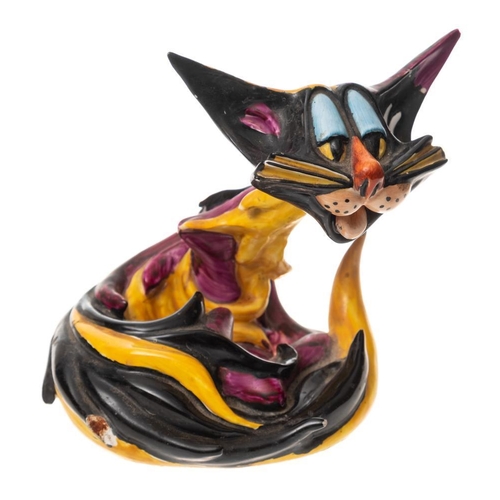 292 - Silvio Righetto for Cacciapuoti a pottery figure of a comical cat: in sinuous seated posture under b... 