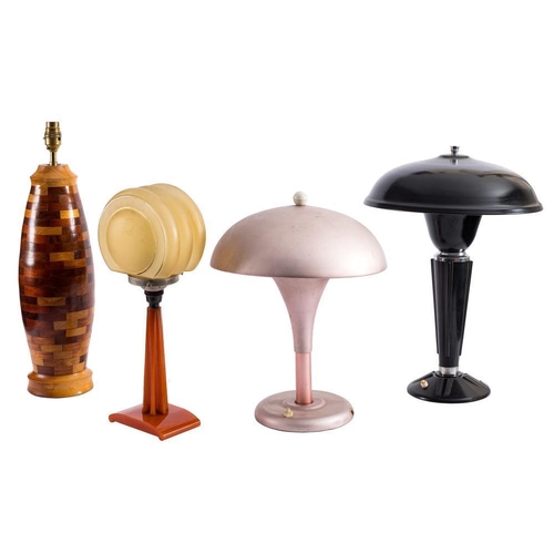 296 - A 20th Century painted metal table lamp: of mushroom-shaped outline, 39cm high, a similar black pain... 