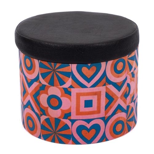 297 - Dorlston Designs Ltd, a black leatherette and bright fabric footstool box, 31cm high.