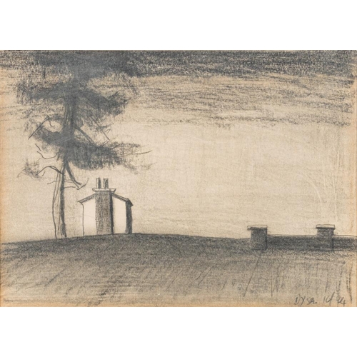 30 - * Julian Dyson [1936-2003]- Cottage and fir tree,:-  signed and dated  pencil drawing, 18 x 24cm.