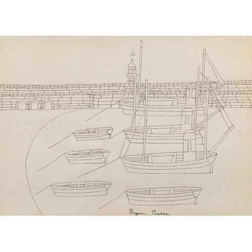 62 - * Bryan Pearce [1929-2006]- Seven boats in a harbour,:- signed,  pen and ink drawing, 30 x 41.5cm.