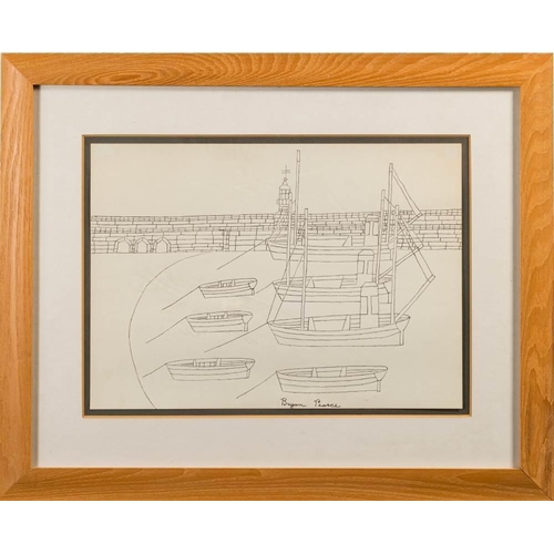 62 - * Bryan Pearce [1929-2006]- Seven boats in a harbour,:- signed,  pen and ink drawing, 30 x 41.5cm.