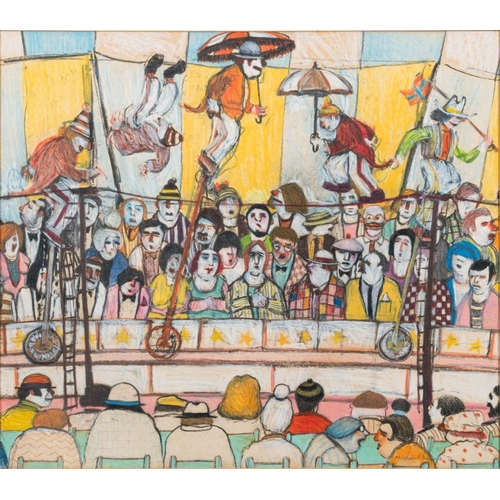 66 - * Michael Lewis [b.1943] Circus Clowns,:- signed and dated '76 pastel and mixed media drawing 34 x 3... 