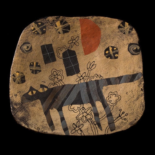 71 - *John Maltby (1936-2020) a large stoneware dish: of oval form set on four peg feet painted with a la... 