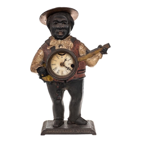 1276 - A Victorian American Blinking Eye automata clock: the cast iron case depicting a banjo player in typ... 
