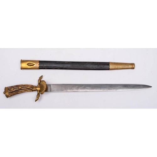 240 - A German hunting hanger: with 40cm etched blade decorated with hunting scenes, brass cross guard wit... 