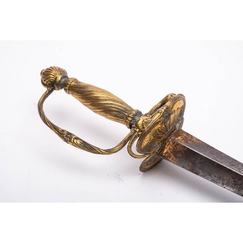 244 - A 19th century short sword: with 71cm triangular blade, with gilt brass knuckle guard and spiral twi... 