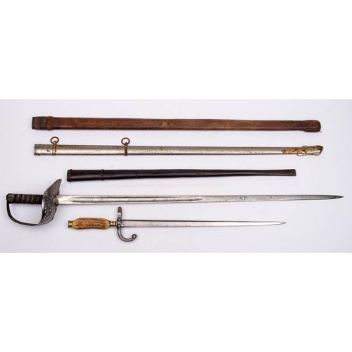 245 - A French chassepot bayonet blade: fitted with an incorrect antler handle, a damaged British infantry... 