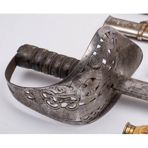 245 - A French chassepot bayonet blade: fitted with an incorrect antler handle, a damaged British infantry... 