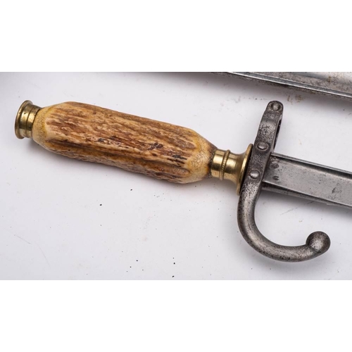 245 - A French chassepot bayonet blade: fitted with an incorrect antler handle, a damaged British infantry... 