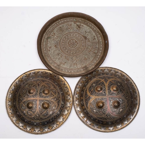 247 - Two Indo-Persian steel dhals: of circular outline with inlaid niello enamel decoration and four circ... 