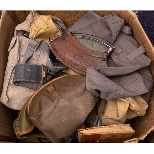 291 - A collection of various canvas bags and webbing: together with two Bren gun magazines and a British ... 