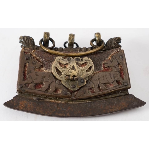 295 - A 19th century Persian Chuckmuk (flint pouch): with brass applique and steel foot, 13cm long  *Notes... 