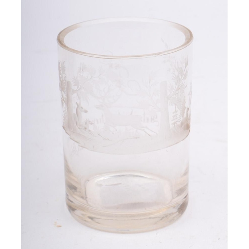 14 - A late 19th century Bohemian etched glass tumbler: one side with the initials 'JR' over verse, the o... 