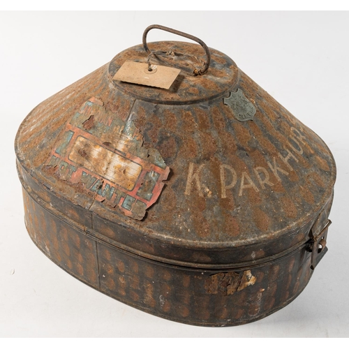 281 - A lacquer hat tin by Gieves, London, inscribed 'F Parkhurst': together with a Wolseley pattern pith ... 