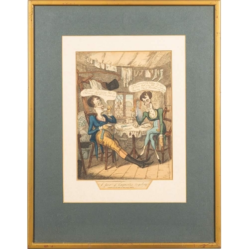 417 - CARICATURE PRINT : After Cruikshank - A pair of Exquisites regaling, colour etching, 29 x 21cm,  f &... 