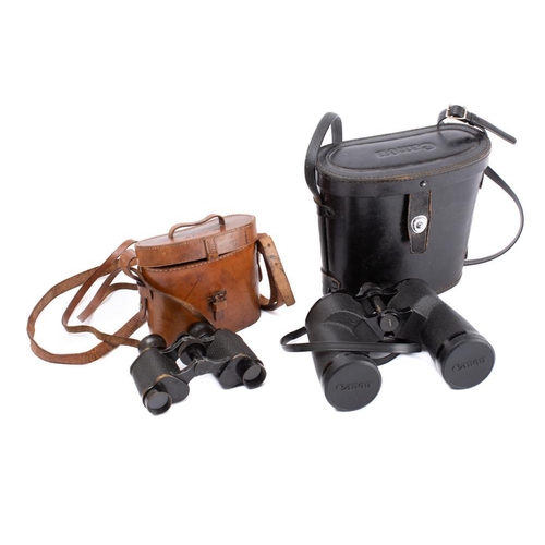 122 - A pair of early 20th century leather cased binoculars: unsigned, together with a pair of Cannon 7x50... 