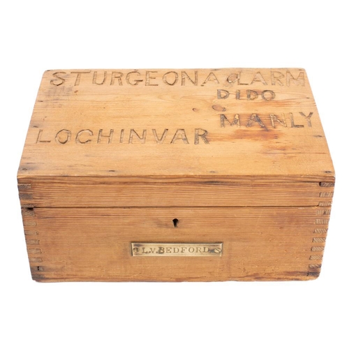 200 - An early 20th century pine ditty box for  'L V Bedford': the top carved with names of vessels served... 