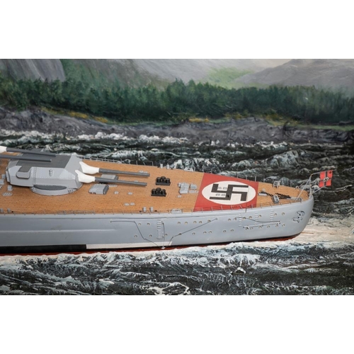 252 - A cased scale waterline model of the German Battle ship 'Bismark': finely detailed with 15 inch fore... 