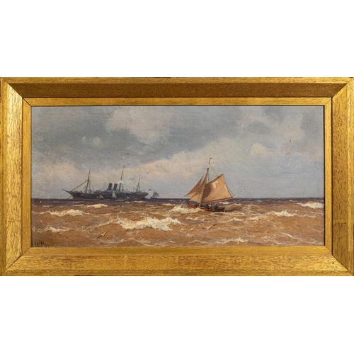 278 - William E. Mears [1868-1945]- Steam ship anchored in a bay, trawler in the foreground,:- signed bott... 