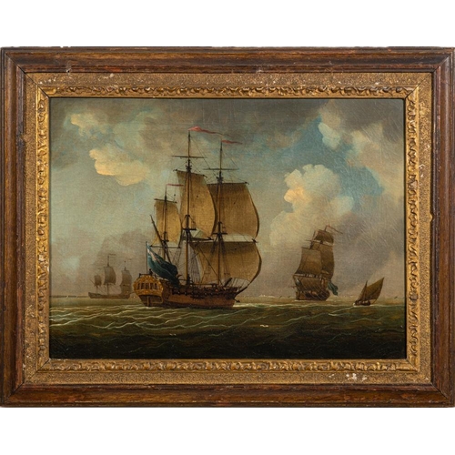 288 - Attributed to Peter Monamy [1681-1749]- Men-o-War off a coast,:- oil on canvas laid on board, 30.5 x... 