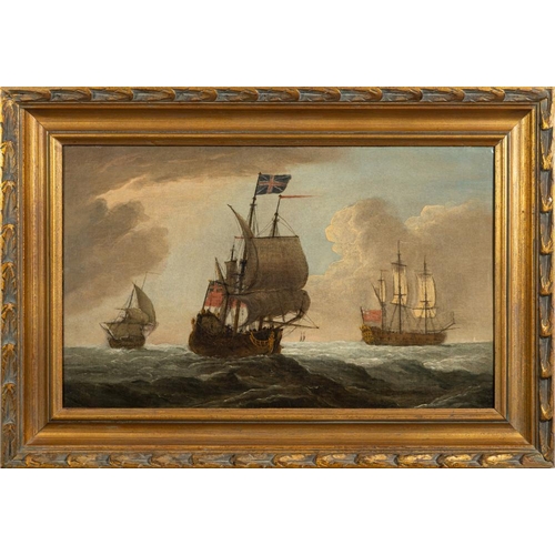 289 - English School late 18th Century- Royal Navy men-o-war in a breeze,:- oil on canvas, 31 x 51cm.