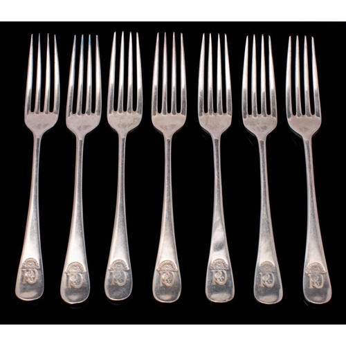 59 - A set of six silver plated P&O dinner forks by Mappin & Webb, London: of Old English pattern, stampe... 