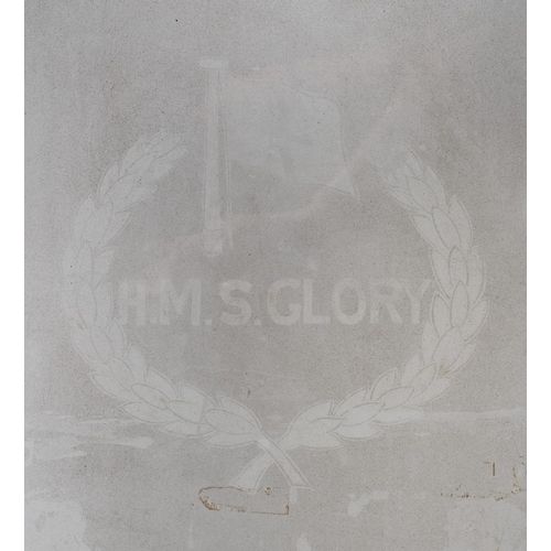 77 - Two framed panels of acid etched glass from the Royal Navy Canopus-class battleship HMS 'Glory': eac... 