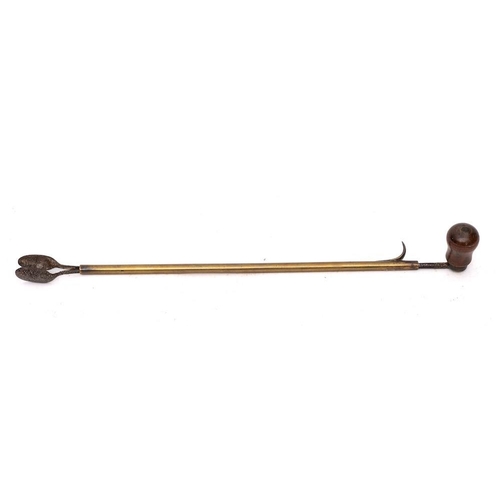 223 - A pair of brass and iron toasting tongs: with turned wood handle.