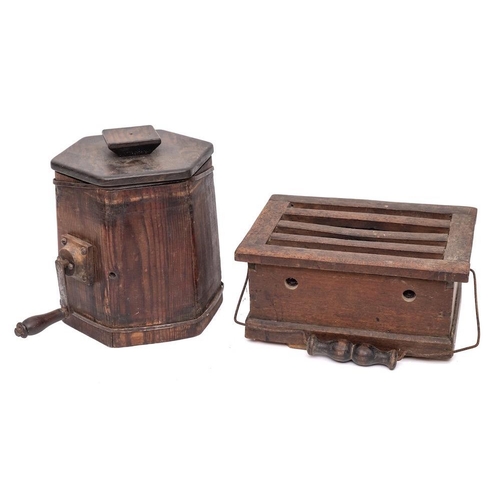 25 - An iron coopered hexagonal butter churn: with side handle and cover, 22cm high, also a rectangular a... 