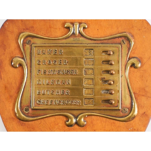 256 - A leaf-shaped brass mounted kitchen requisite tablet:, the central panel with Yes/No slides for Bake... 