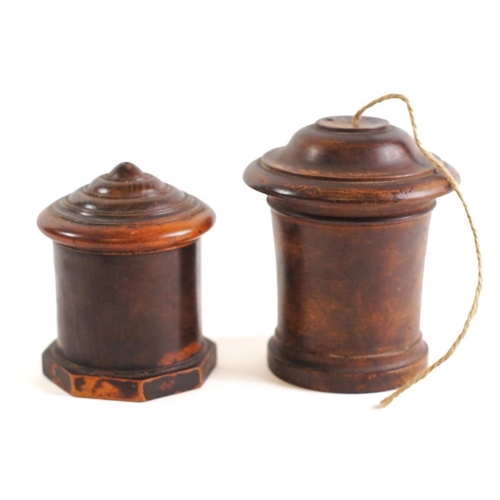 257 - A 19th Century lignum vitae drum-shaped string box: with ribbed cover and octagonal base, 13cm high,... 