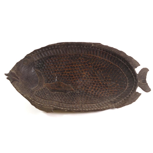 263 - A carved wood dish: in the shape of a carp, 67 x 34cm.