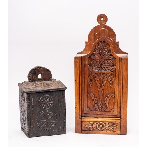 275 - A 19th Century Continental candle box: with shaped elevating front cover carved with flowerheads and... 