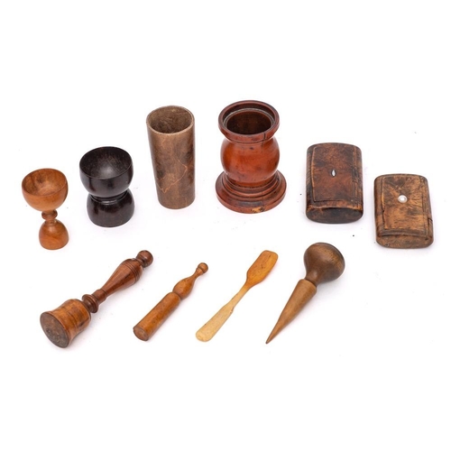 283 - A small treen barrel-shaped pestle: with bell-shaped mortar, two treen snuff boxes, two double-ended... 