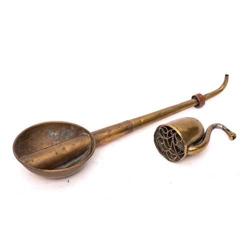 287 - A brass long stem ear trumpet:, 37cm long and a brass cup-shaped ear trumpet with filigree cover, 10... 