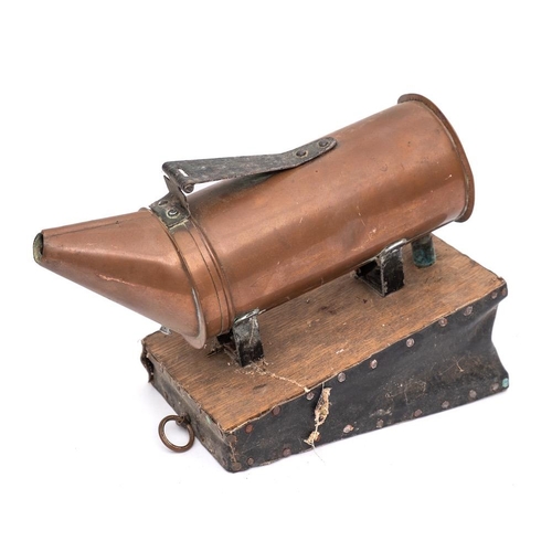 293 - A beekeeper's bellows:, the copper cylinder with cone-shaped funnel on a wood and leather bellows pl... 