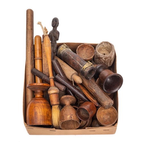 320 - A collection of treen: including various egg cups, small roller, thermometer in wood holder, folding... 