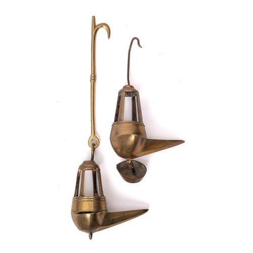 326 - Two 18th Century brass Crusie lamps: with suspension rods, pointed oil wells and lantern surmounts, ... 