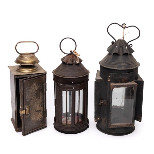 328 - A sheet metal pendant lantern: of square form with original glass panels, 38cm high, including handl... 