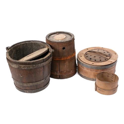 34 - A coopered fruitwood circular cheese strainer and cover:, a coopered barrel cask of tapered form and... 