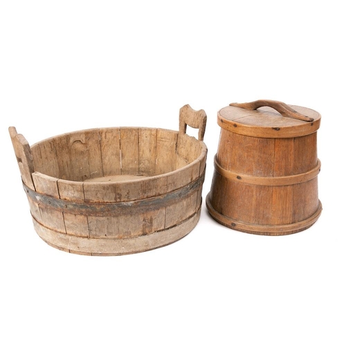 35 - An oak and bound butter churn and cover: of tapering form, 32cm high, together with a coopered wood ... 