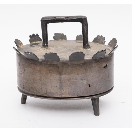 374 - A 19th Century Continental bell metal oval down-hearth pheasant pot and cover: with crown decorated ... 