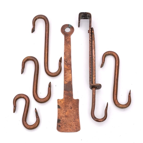 375 - A copper two-section adjustable meat hook:, four copper meat hooks and a copper slice. (6)