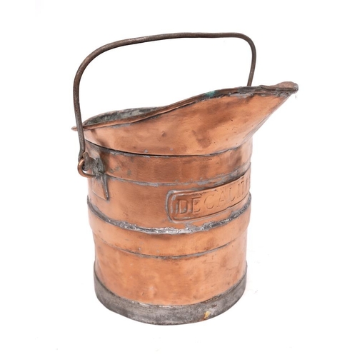 388 - A French copper decalitre pail: with iron loop handle, together with a copper and brass twin-handled... 