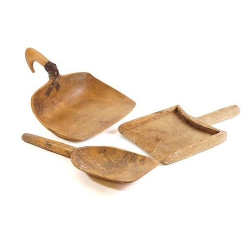 4 - A 19th Century fruitwood flour scoop: with iron mounted handle and two other flour scoops. (3)